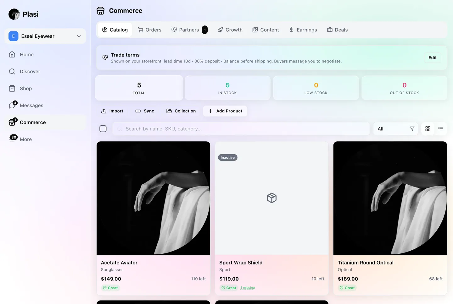 A seller's product catalog with stock and pricing on Plasi