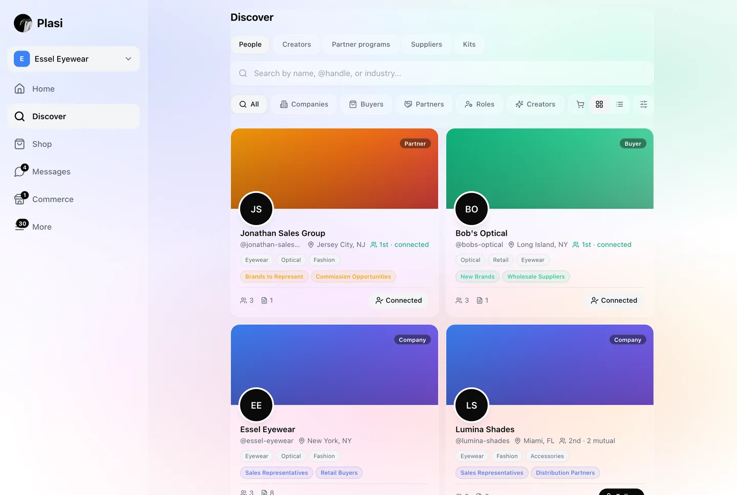 Browsing businesses on Plasi by role and industry