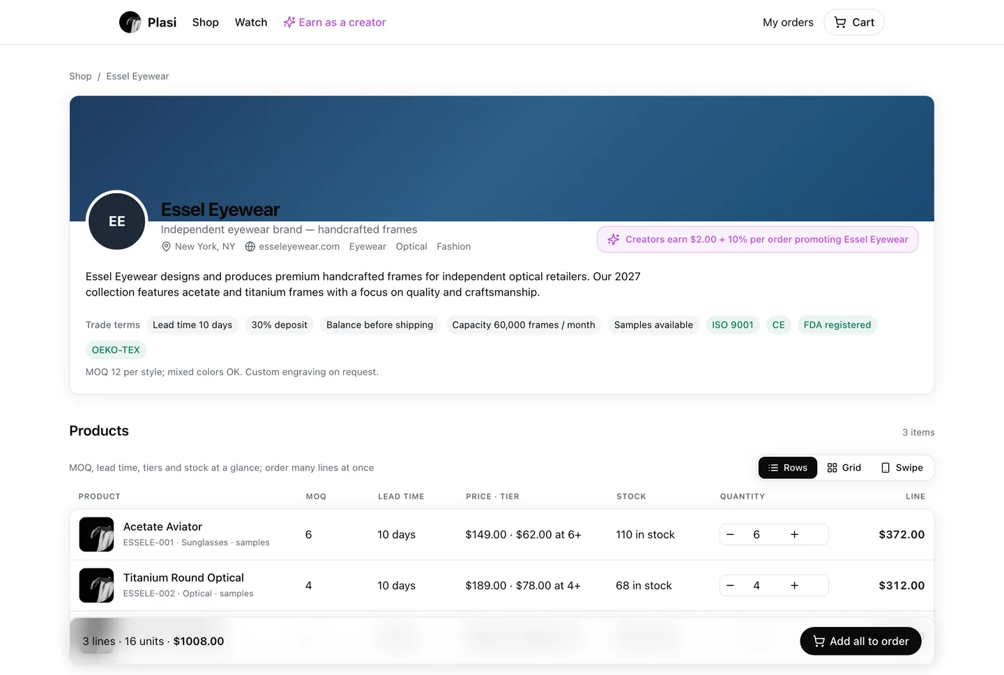 A wholesale storefront with order tiers and trade terms on Plasi